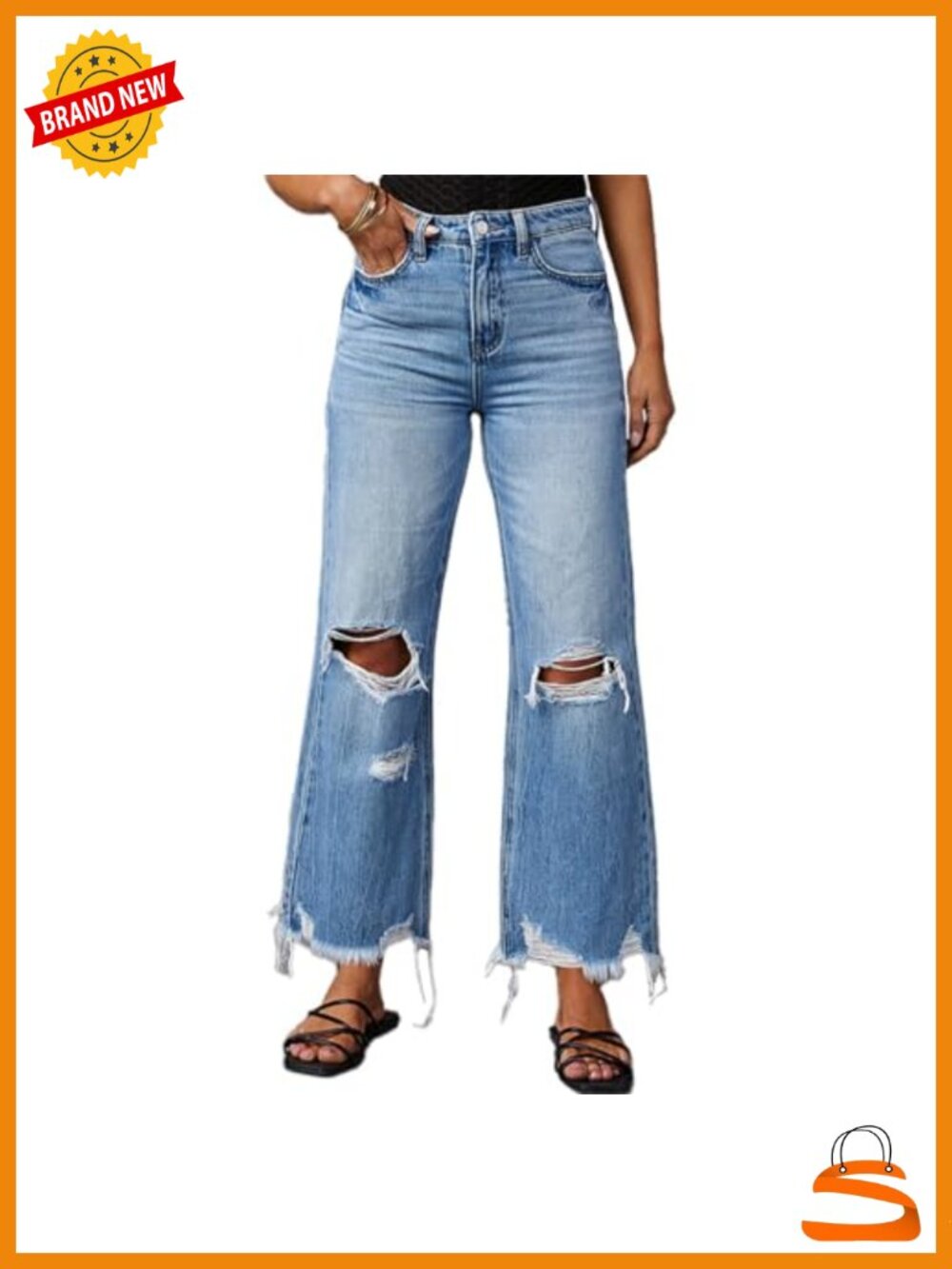 High-Waisted Ripped Bell Bottom Jeans Wide Leg Distressed Raw Hem